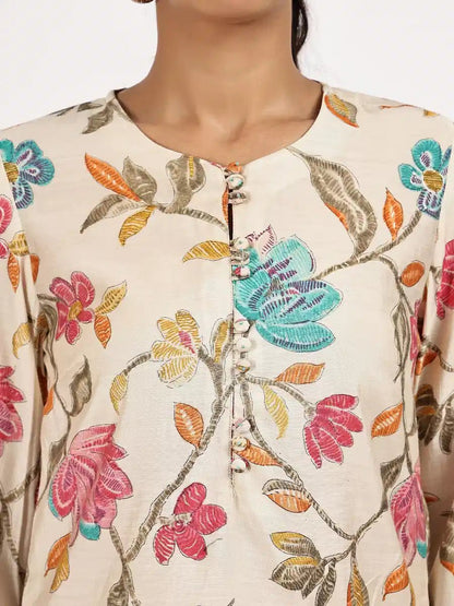Cream Floral Printed Kurta Set - The Bebla