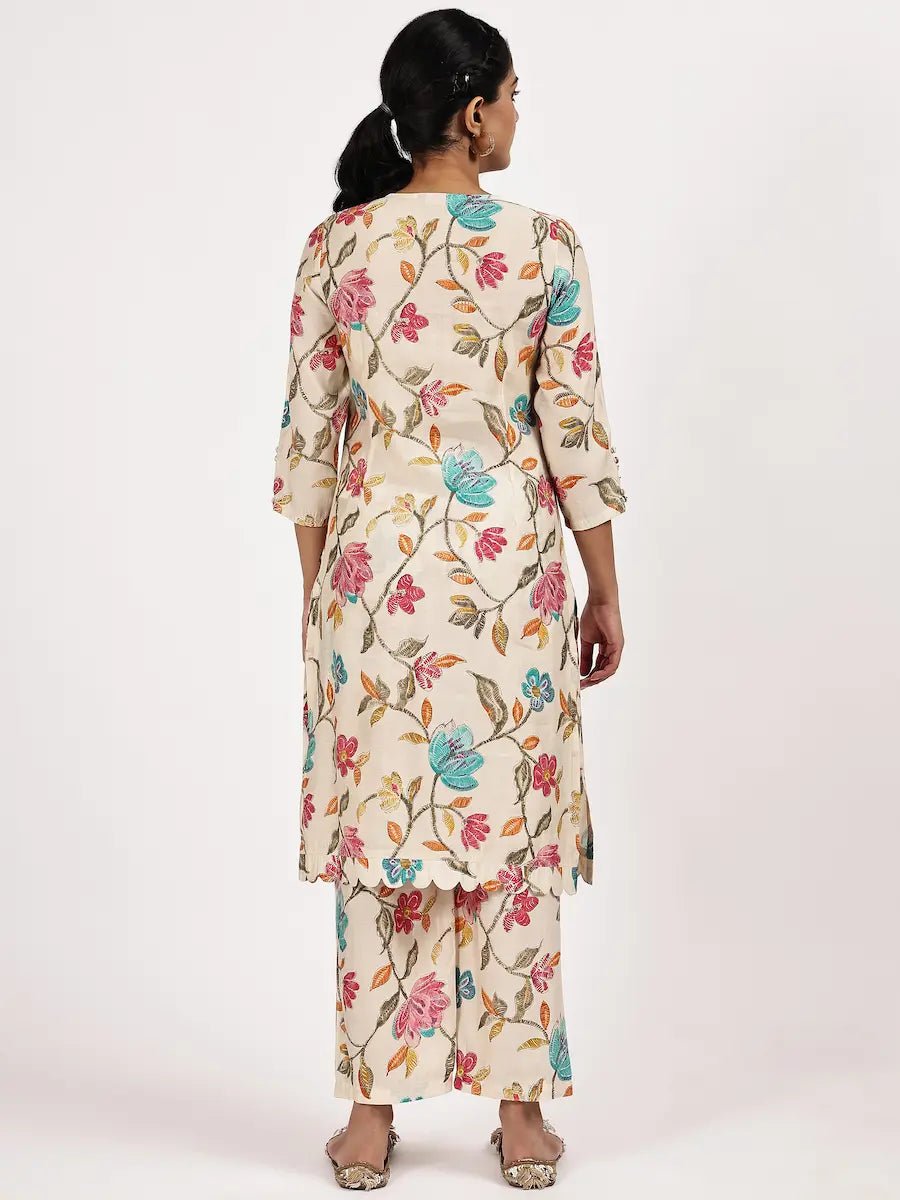 Cream Floral Printed Kurta Set - The Bebla