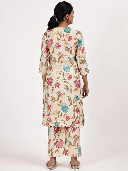 Cream Floral Printed Kurta Set - The Bebla