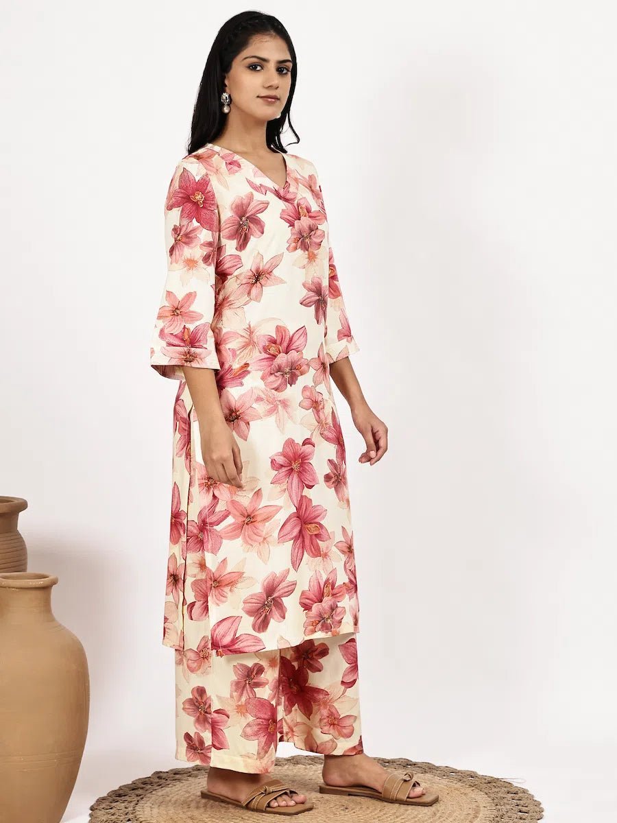 Cream Pink Floral Printed Kurta with Palazzo - The Bebla