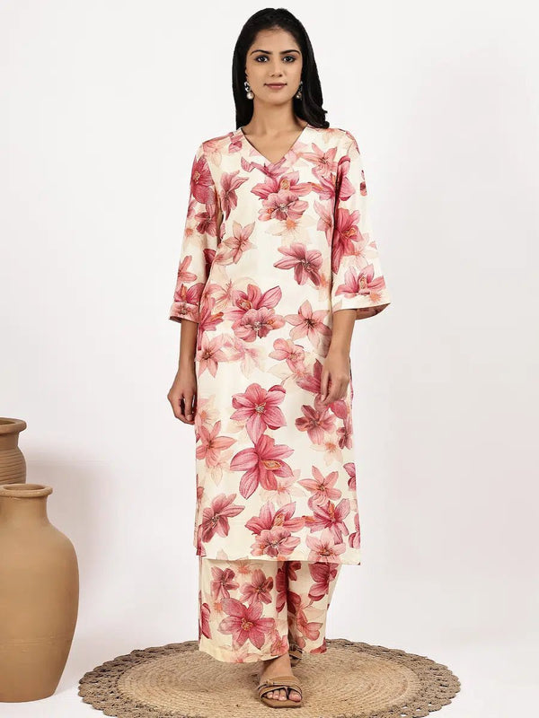 Cream Pink Floral Printed Kurta with Palazzo
