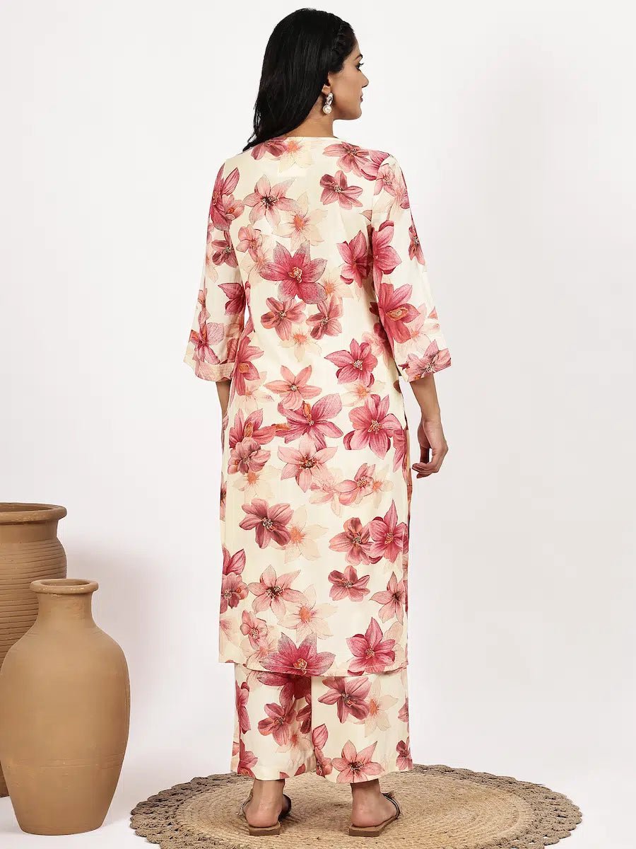 Cream Pink Floral Printed Kurta with Palazzo - The Bebla