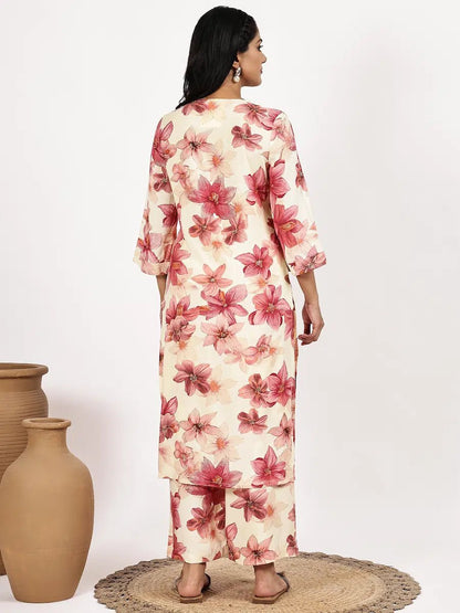 Cream Pink Floral Printed Kurta with Palazzo - The Bebla