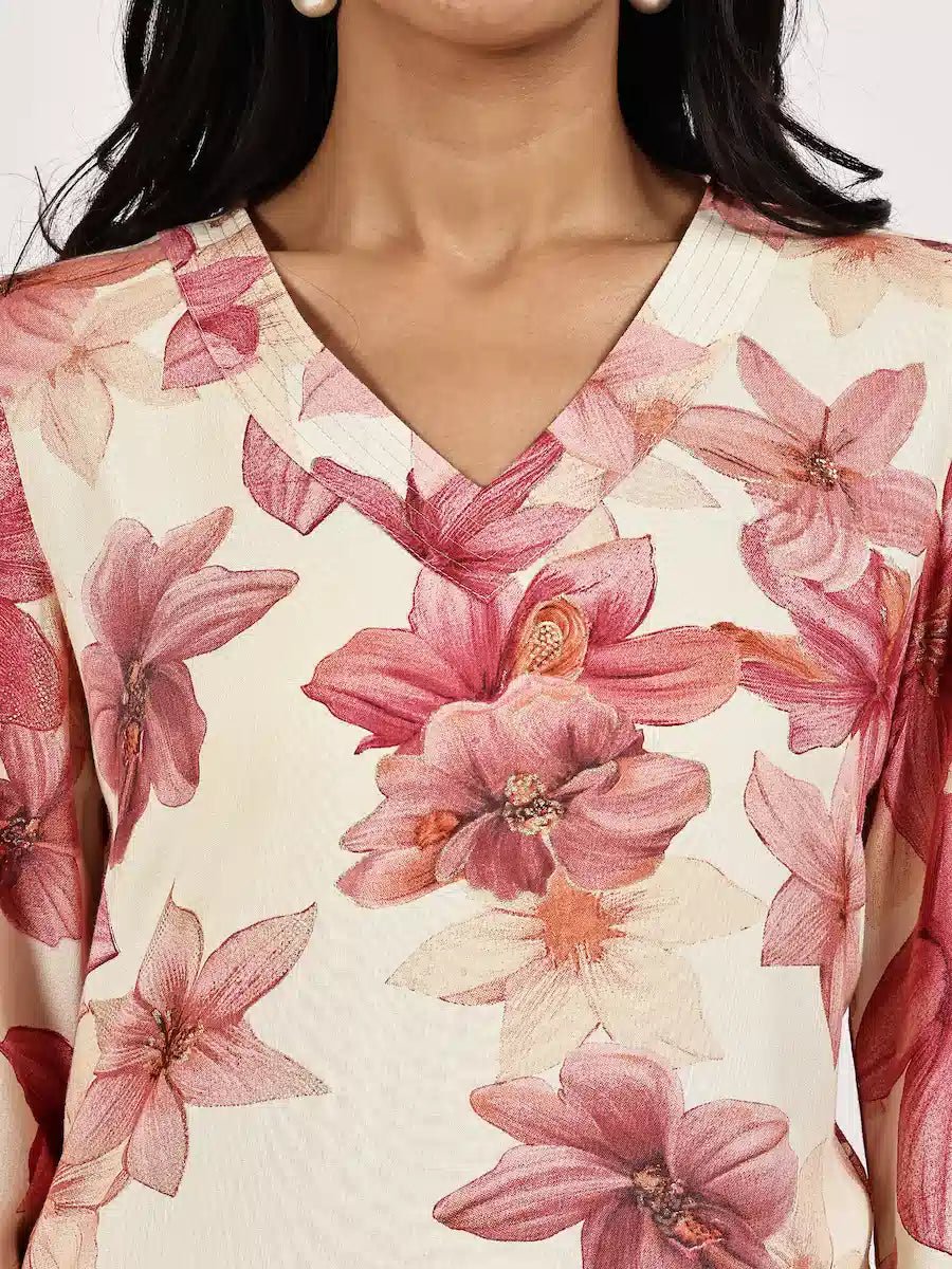 Cream Pink Floral Printed Kurta with Palazzo - The Bebla