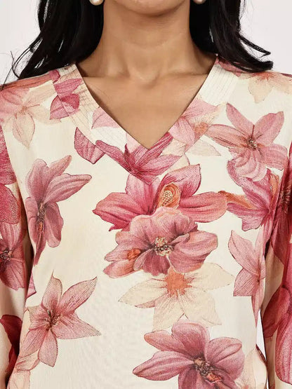 Cream Pink Floral Printed Kurta with Palazzo - The Bebla