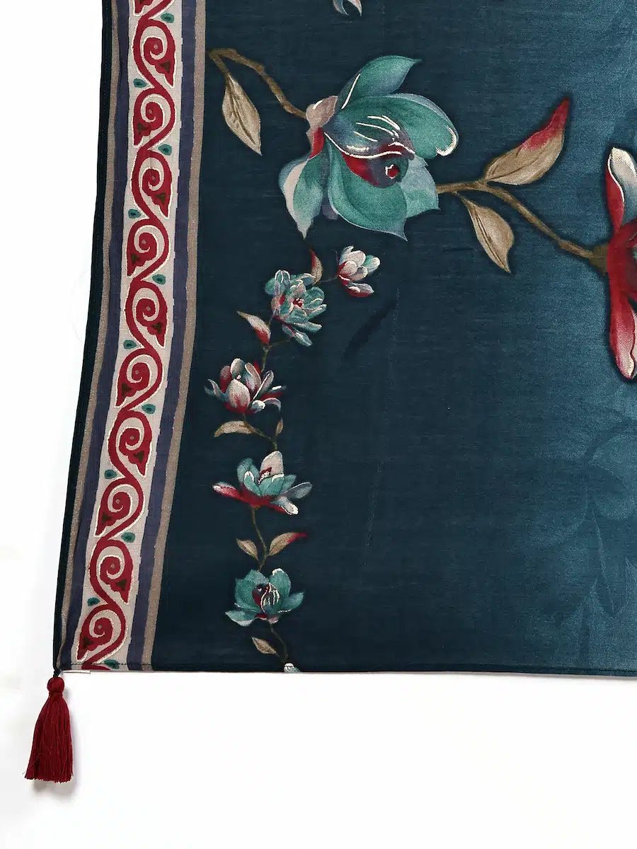 Deep Green Floral Printed Chanderi Silk Kurta Set with Pants & Dupatta - The Bebla