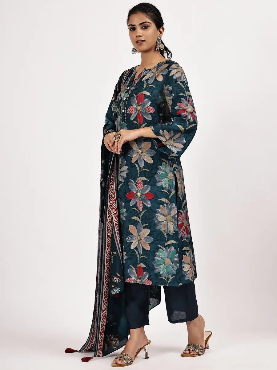 Deep Green Floral Printed Chanderi Silk Kurta Set with Pants & Dupatta - The Bebla