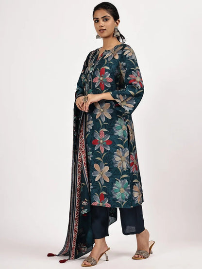 Deep Green Floral Printed Chanderi Silk Kurta Set with Pants & Dupatta - The Bebla