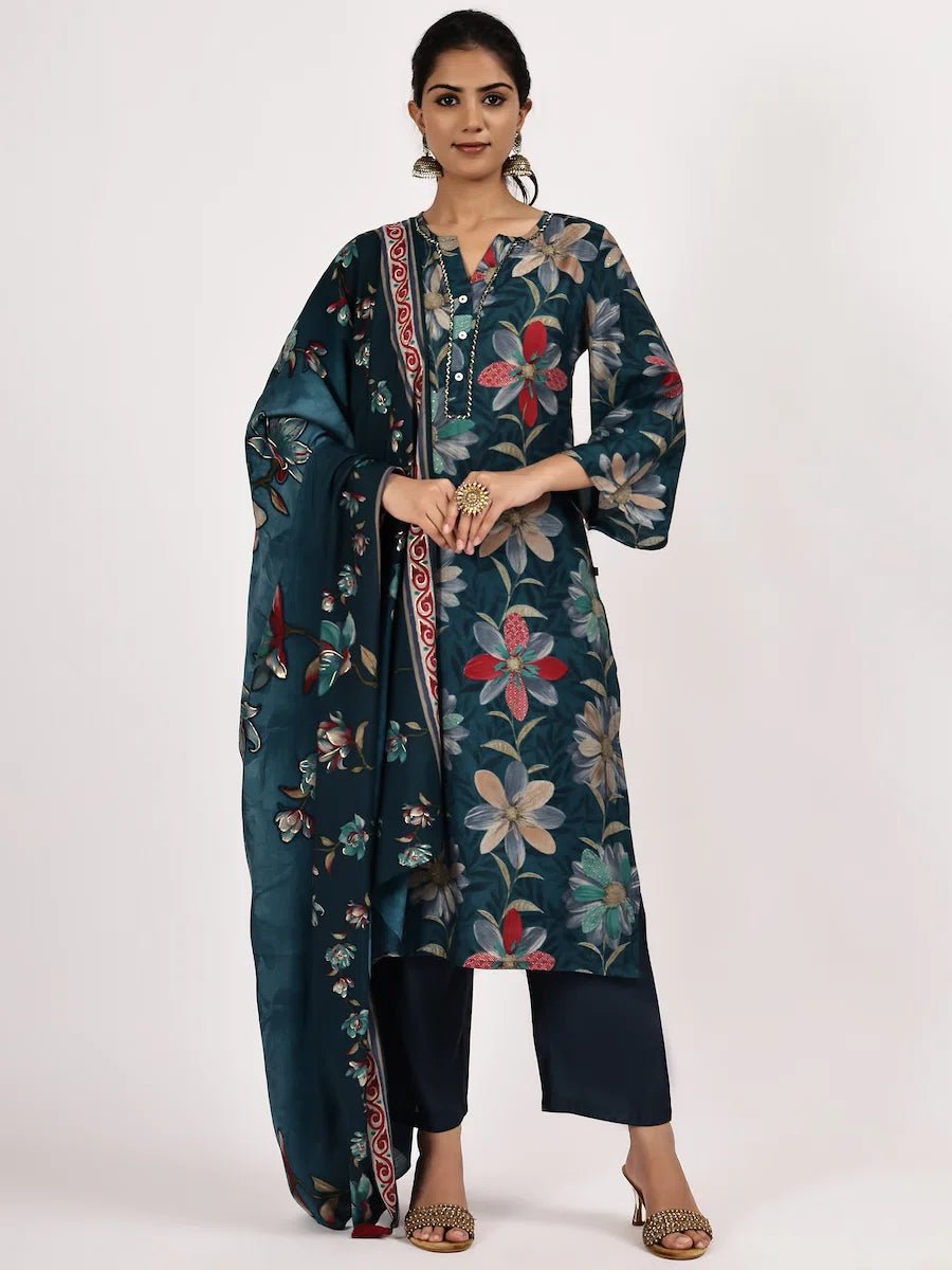 Deep Green Floral Printed Chanderi Silk Kurta Set with Pants & Dupatta - The Bebla