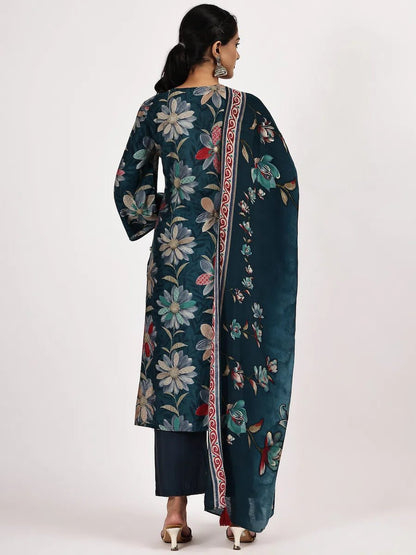 Deep Green Floral Printed Chanderi Silk Kurta Set with Pants & Dupatta - The Bebla