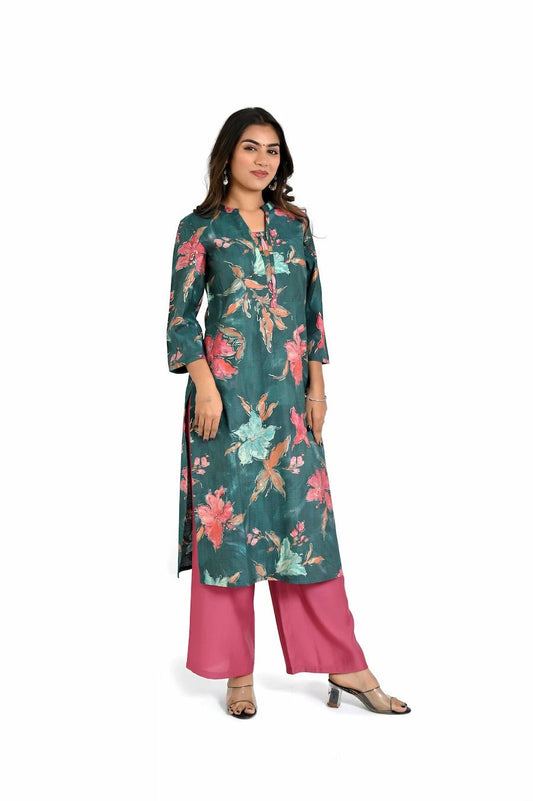 deep green printed kurta with straight pants - The Bebla
