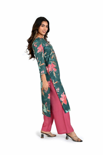 deep green printed kurta with straight pants - The Bebla