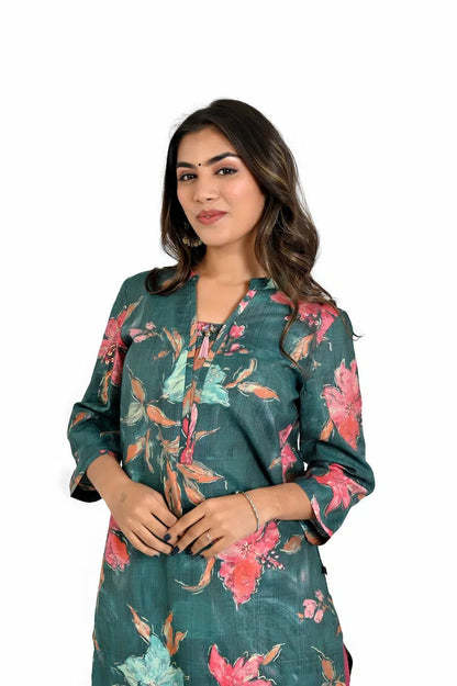 deep green printed kurta with straight pants - The Bebla