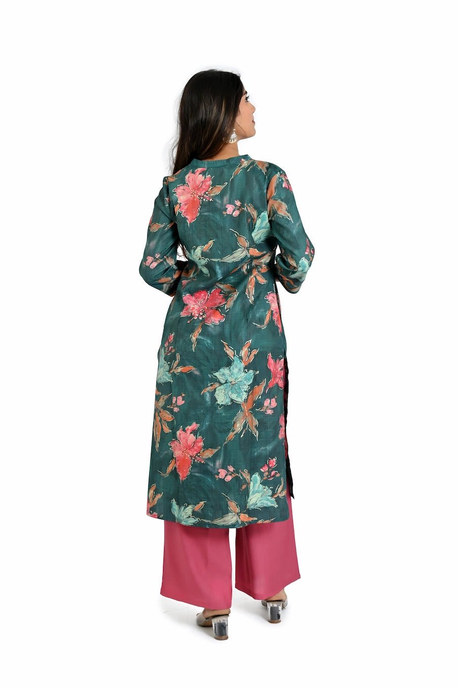 deep green printed kurta with straight pants - The Bebla