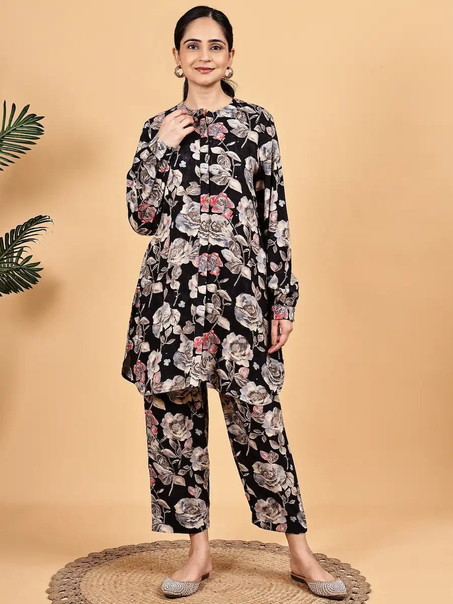Elegant Black Co-Ord Set with Floral Prints