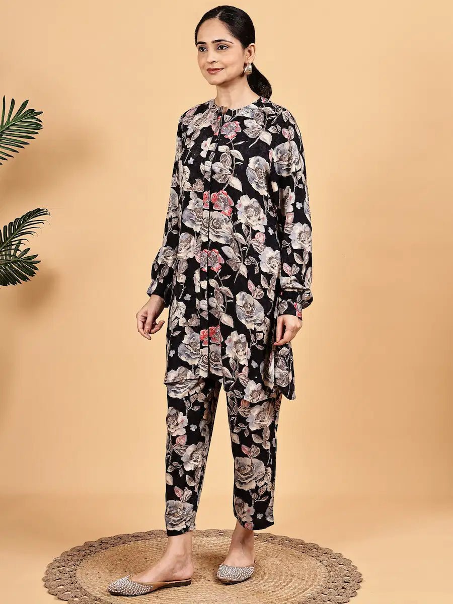 Elegant Black Co - Ord Set with Floral Prints - The Bebla