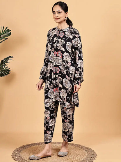 Elegant Black Co - Ord Set with Floral Prints - The Bebla