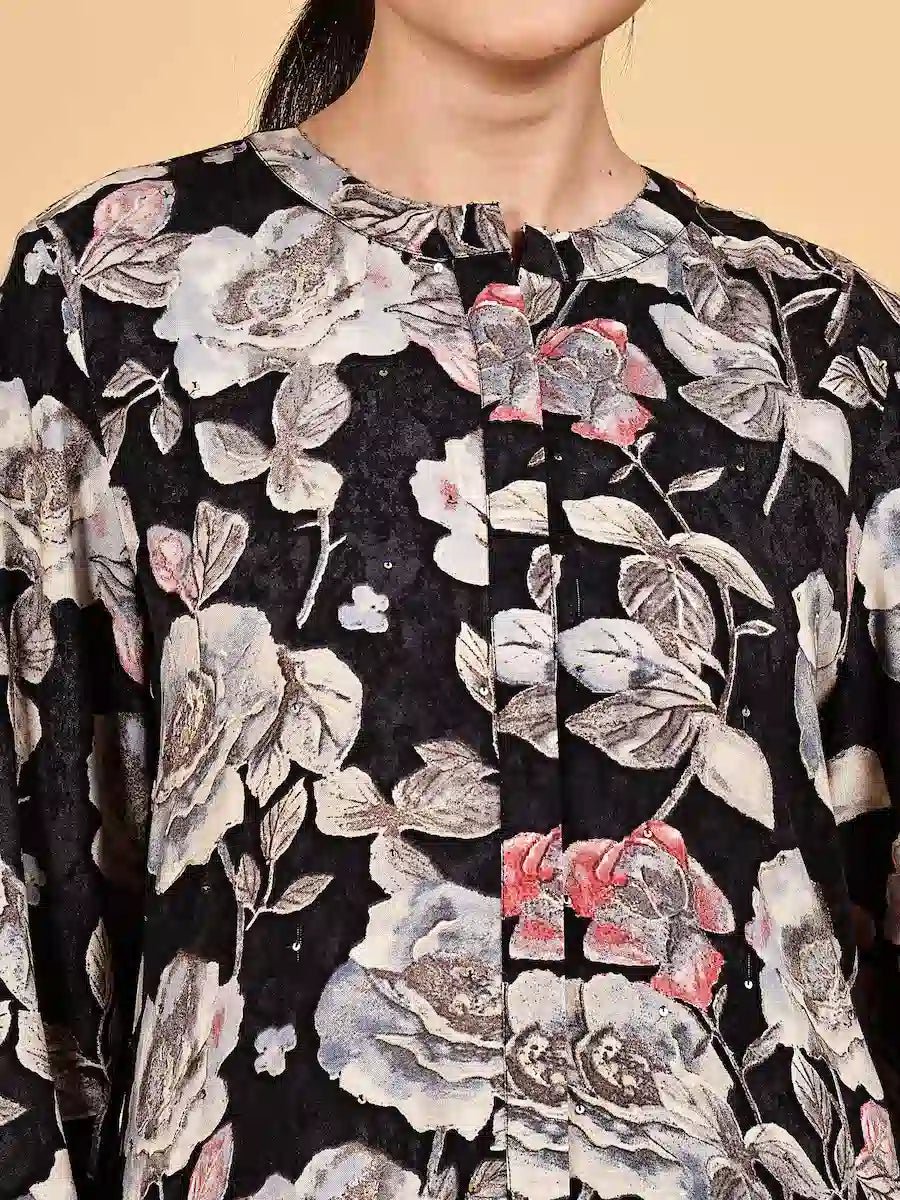Elegant Black Co - Ord Set with Floral Prints - The Bebla