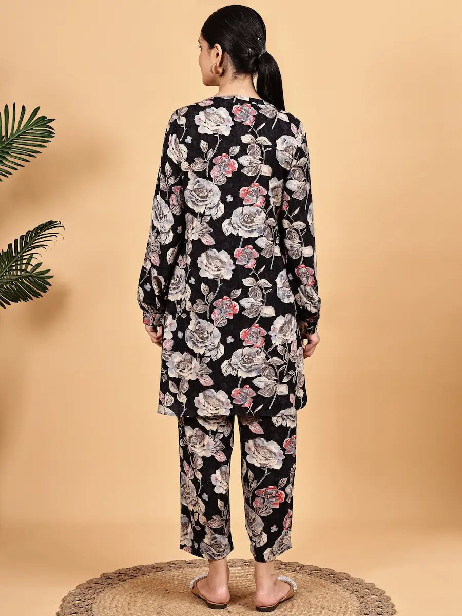 Elegant Black Co - Ord Set with Floral Prints - The Bebla