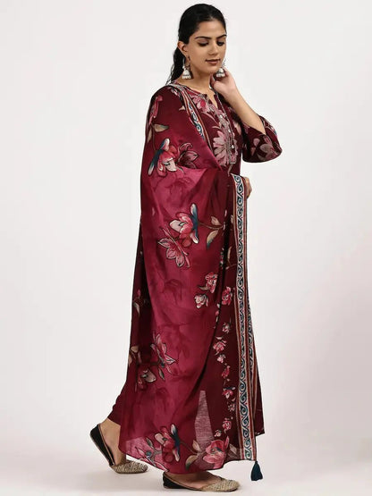 Elegant Dark Red Kurta Dupatta Pant Set for Women - The Bebla