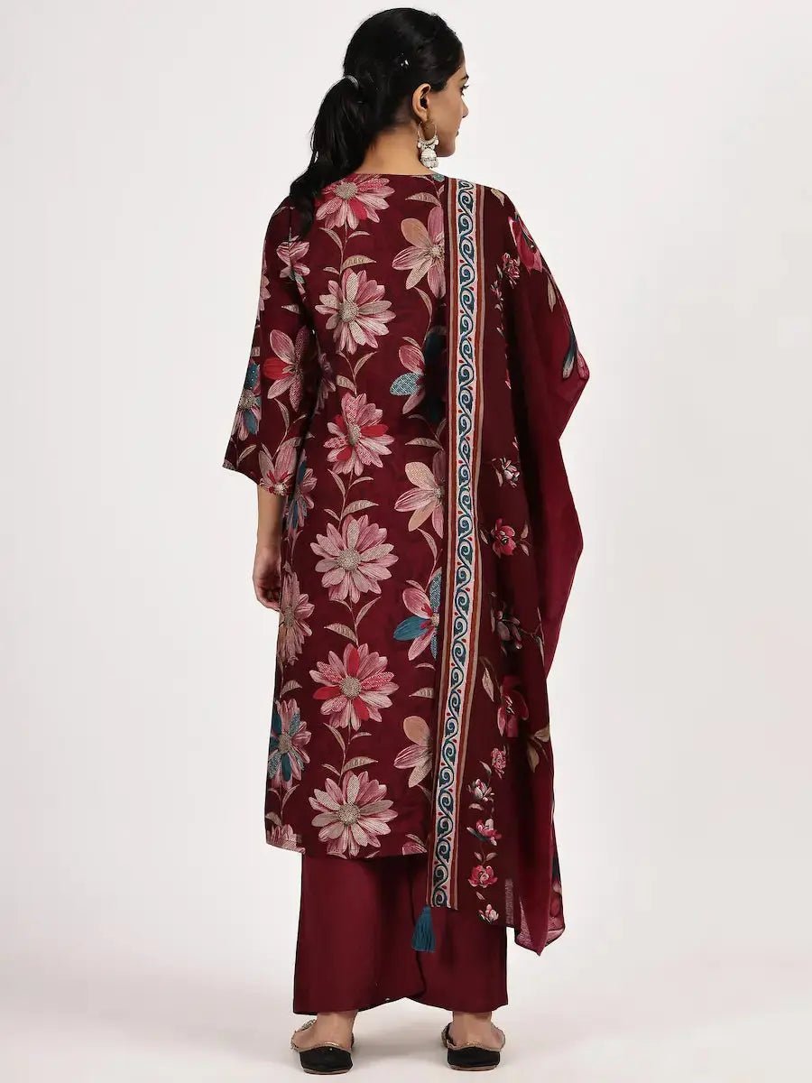 Elegant Dark Red Kurta Dupatta Pant Set for Women - The Bebla