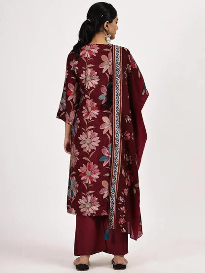 Elegant Dark Red Kurta Dupatta Pant Set for Women - The Bebla