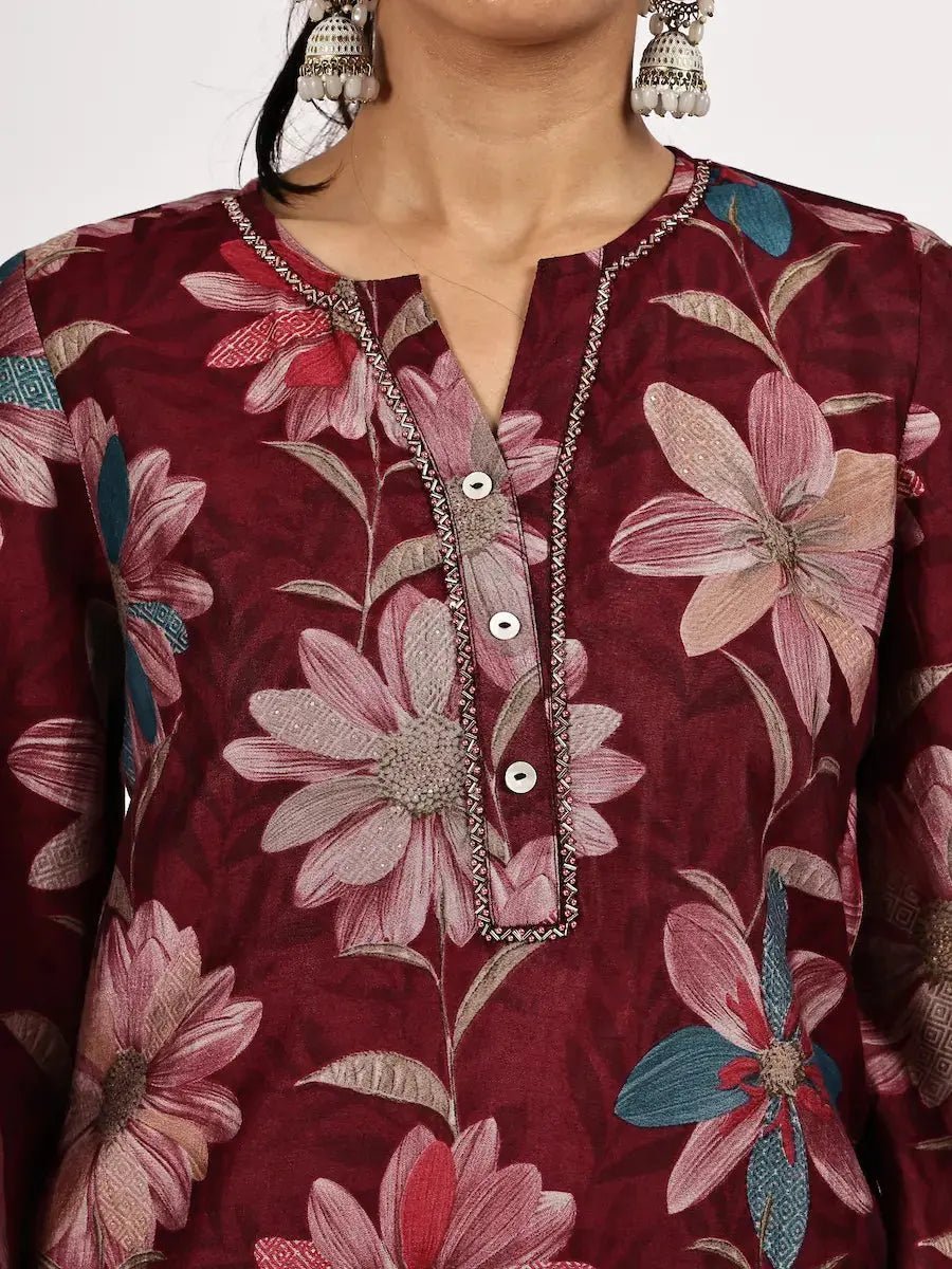 Elegant Dark Red Kurta Dupatta Pant Set for Women - The Bebla