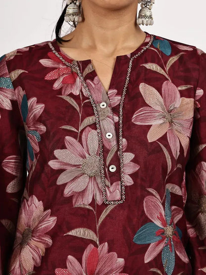 Elegant Dark Red Kurta Dupatta Pant Set for Women - The Bebla