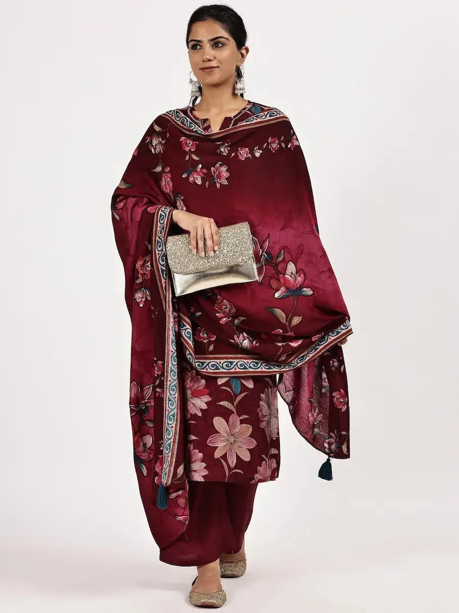 Elegant Dark Red Kurta Dupatta Pant Set for Women - The Bebla