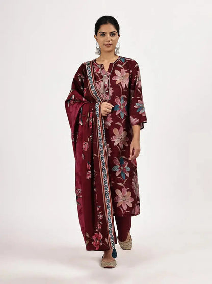 Elegant Dark Red Kurta Dupatta Pant Set for Women - The Bebla