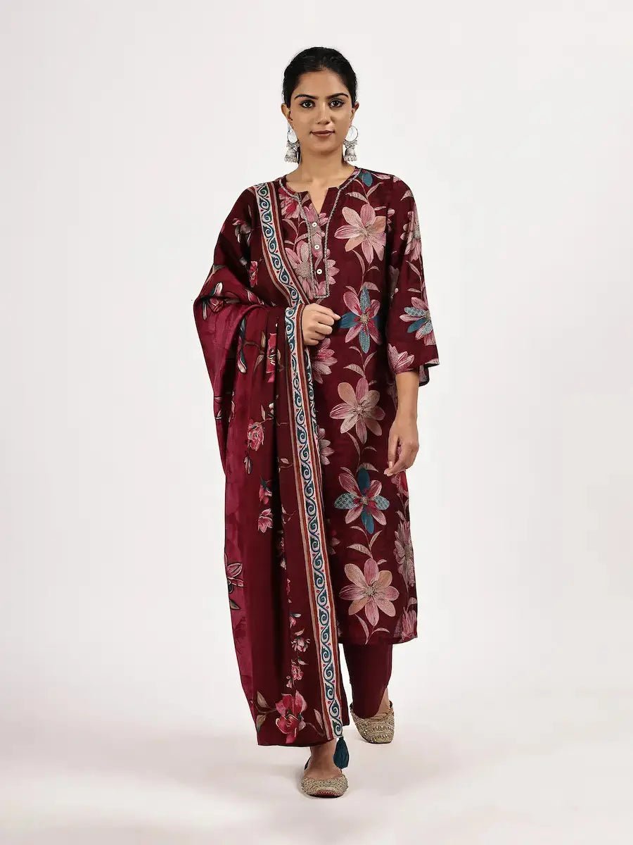 Elegant Dark Red Kurta Dupatta Pant Set for Women - The Bebla