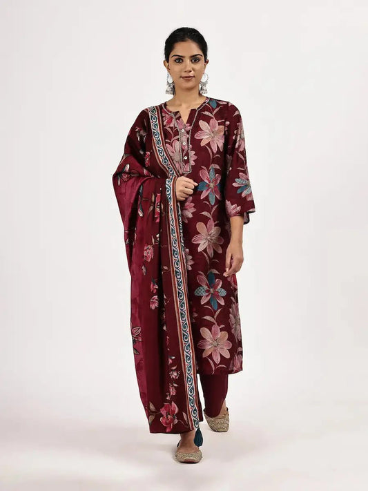 Elegant Dark Red Kurta Dupatta Pant Set for Women - The Bebla