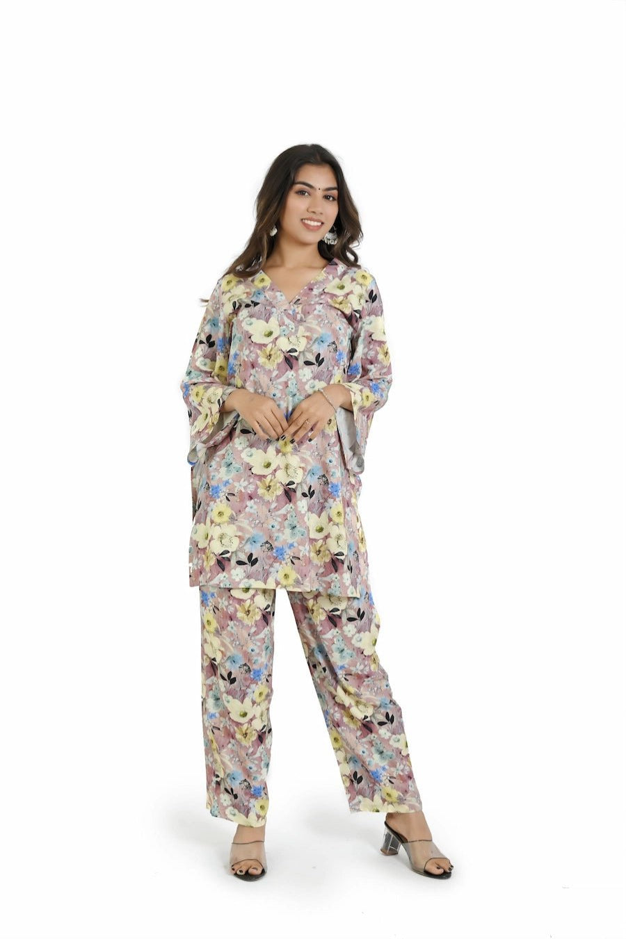 Elegant Gray Floral Printed Co Ord set