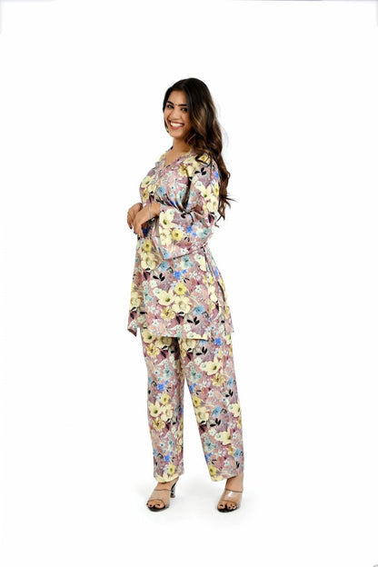 Elegant Gray Floral Printed Co Ord set - The Bebla