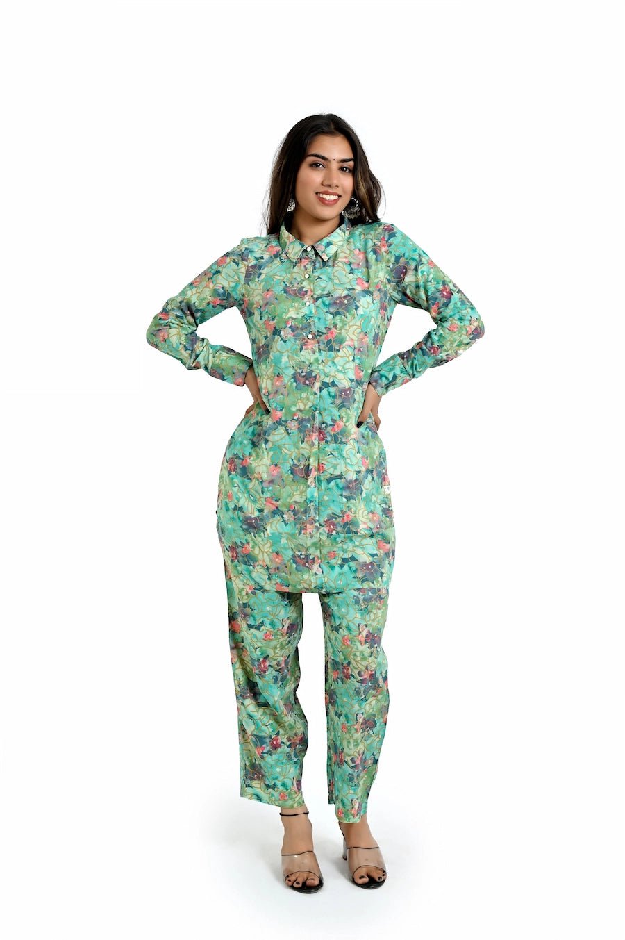 Elegant Mint Green Floral Co - Ord Set for Women - The Bebla
