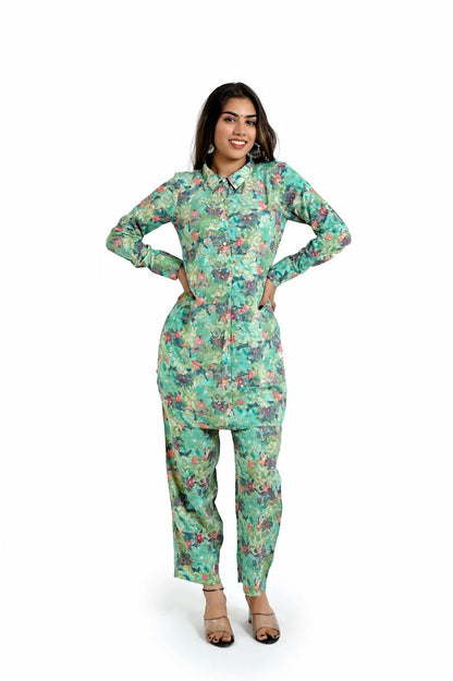 Elegant Mint Green Floral Co - Ord Set for Women - The Bebla