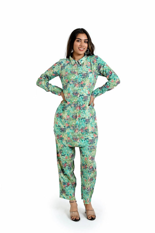 Elegant Mint Green Floral Co - Ord Set for Women - The Bebla