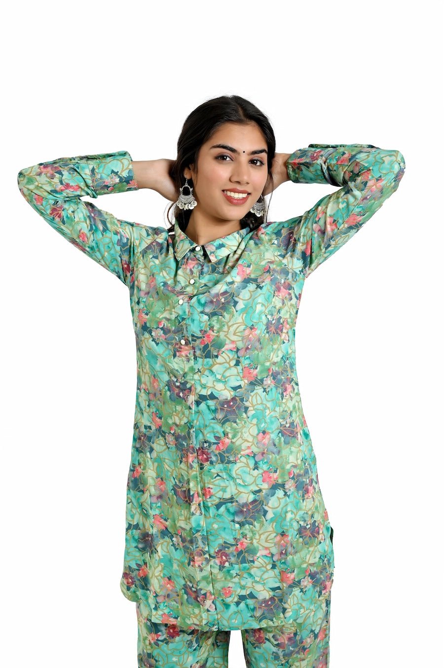 Elegant Mint Green Floral Co - Ord Set for Women - The Bebla