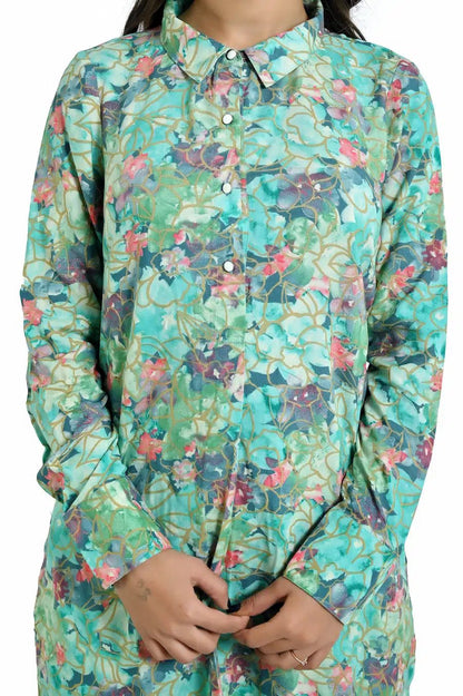 Elegant Mint Green Floral Co - Ord Set for Women - The Bebla