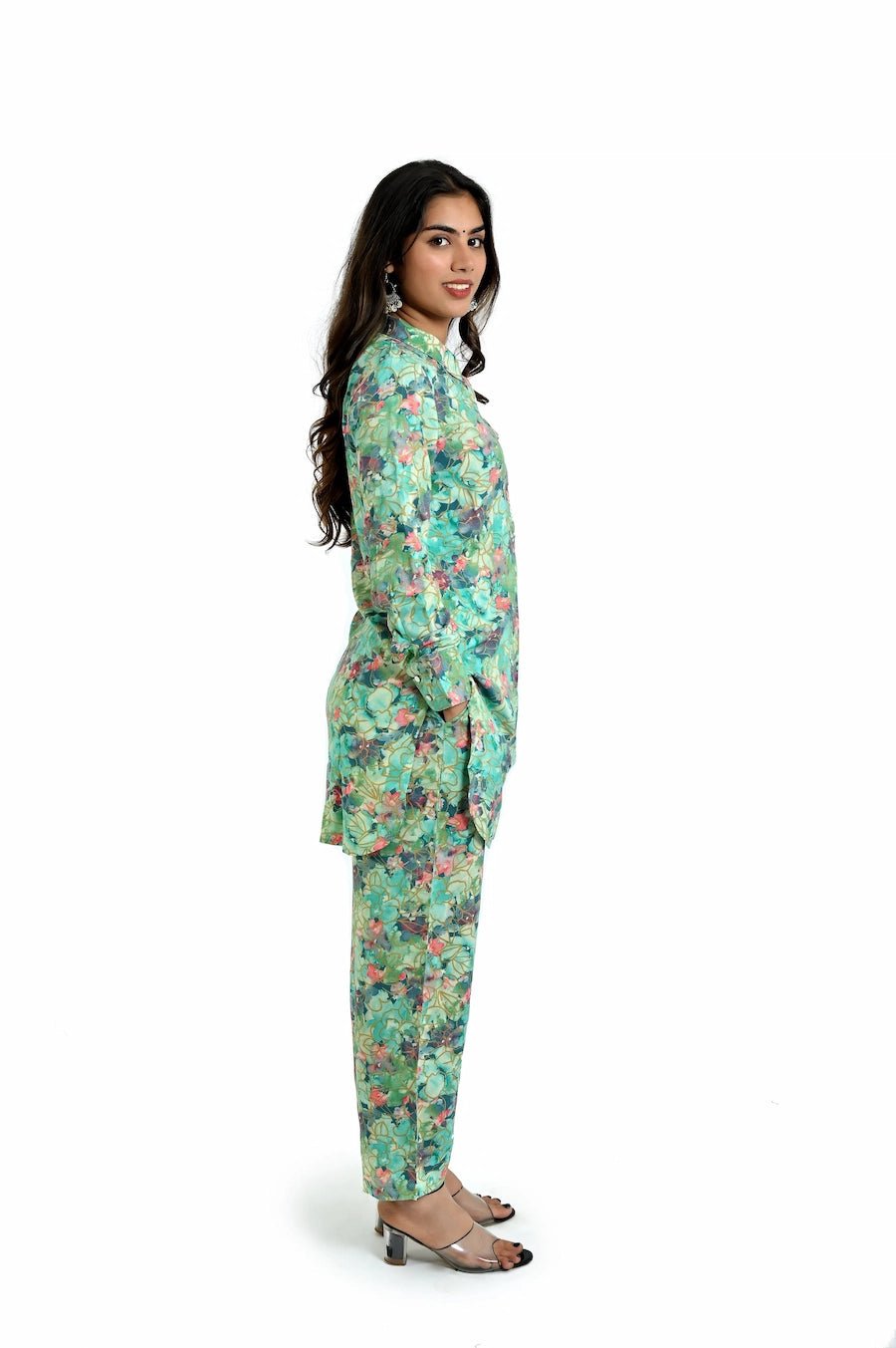 Elegant Mint Green Floral Co - Ord Set for Women - The Bebla