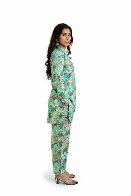 Elegant Mint Green Floral Co - Ord Set for Women - The Bebla