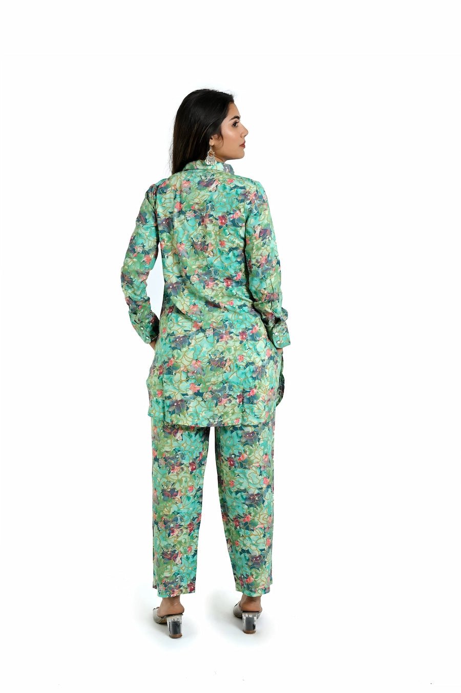 Elegant Mint Green Floral Co - Ord Set for Women - The Bebla