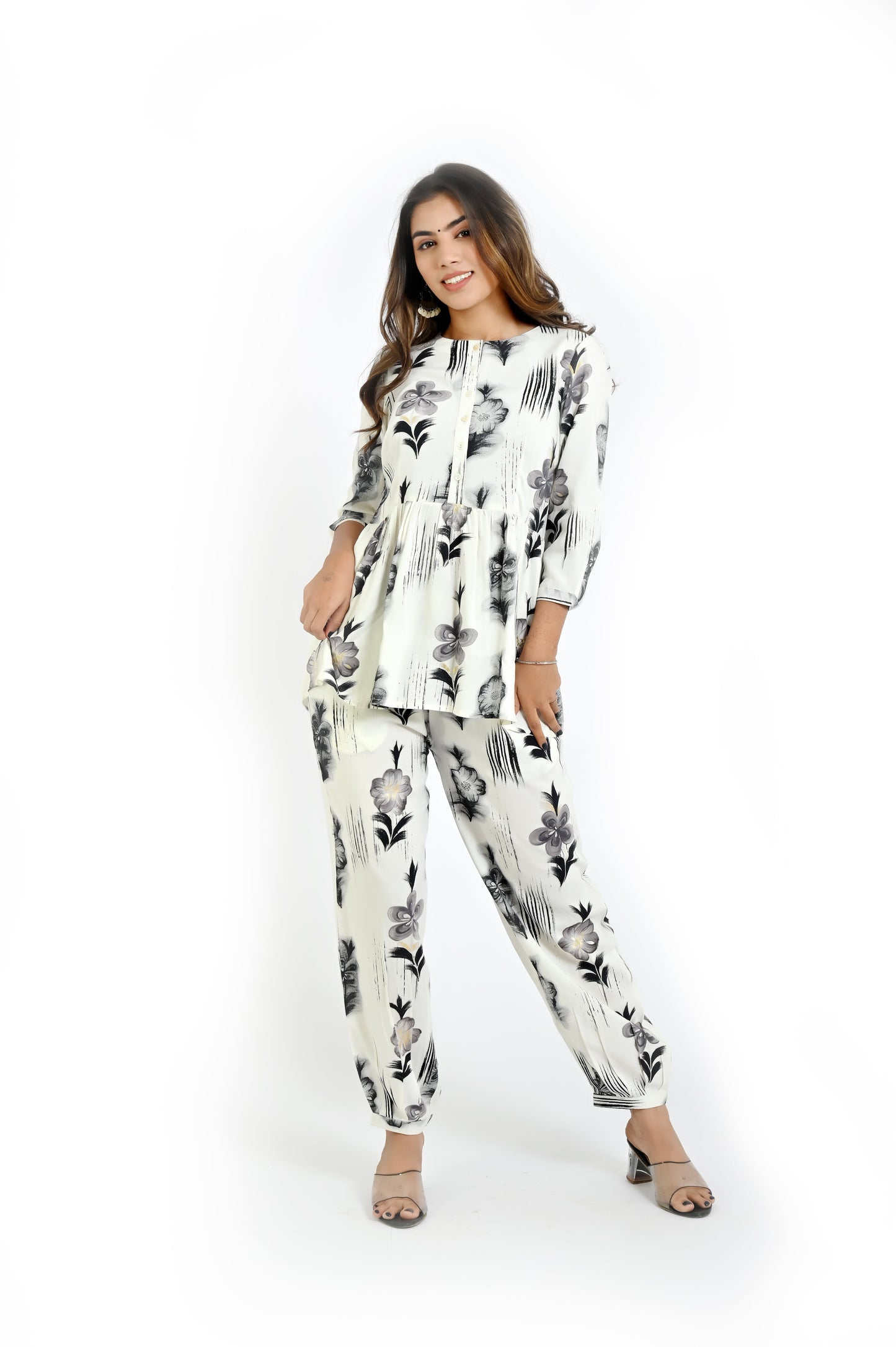 Elegant Off - White Printed Co - Ord Set for Women - The Bebla