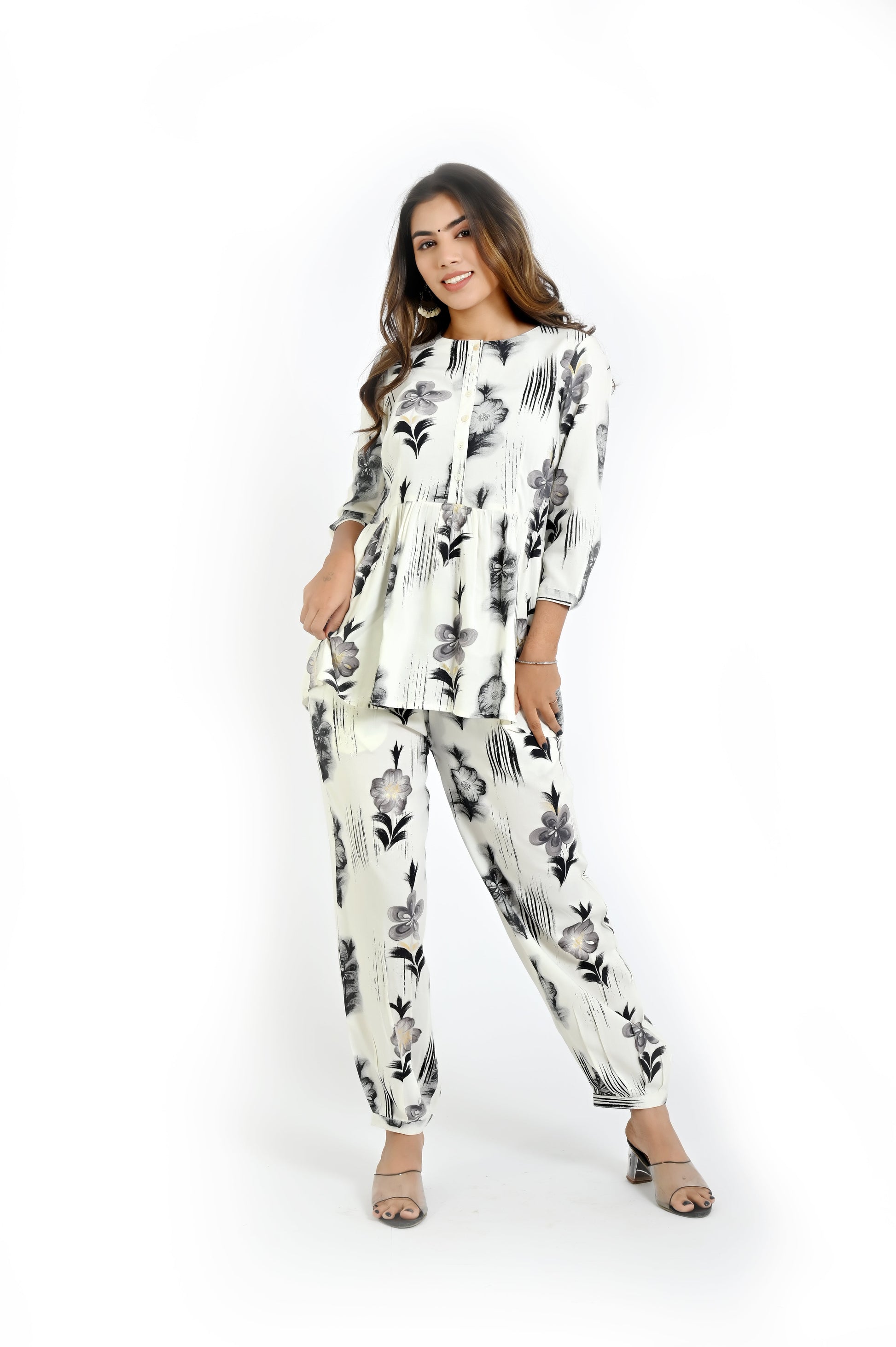 Elegant Off - White Printed Co - Ord Set for Women - The Bebla