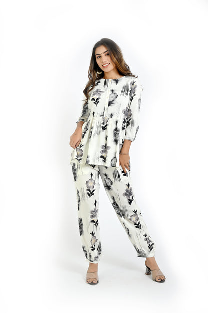 Elegant Off - White Printed Co - Ord Set for Women - The Bebla