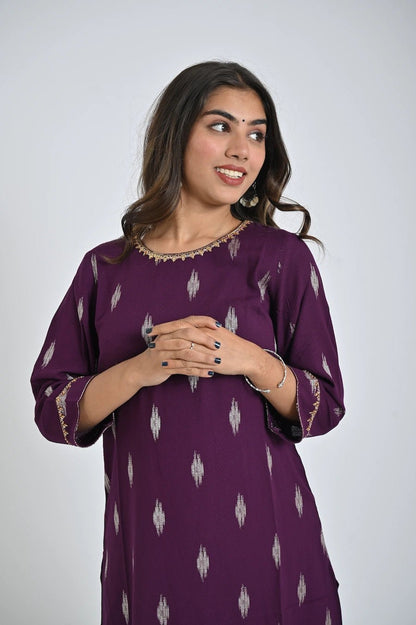 Elegant Purple Kurta with Printed Pants for Ladies - The Bebla