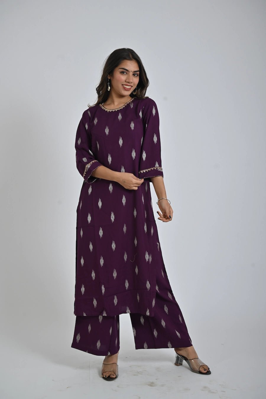 Elegant Purple Kurta with Printed Pants for Ladies - The Bebla