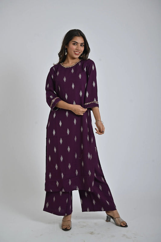 Elegant Purple Kurta with Printed Pants for Ladies - The Bebla
