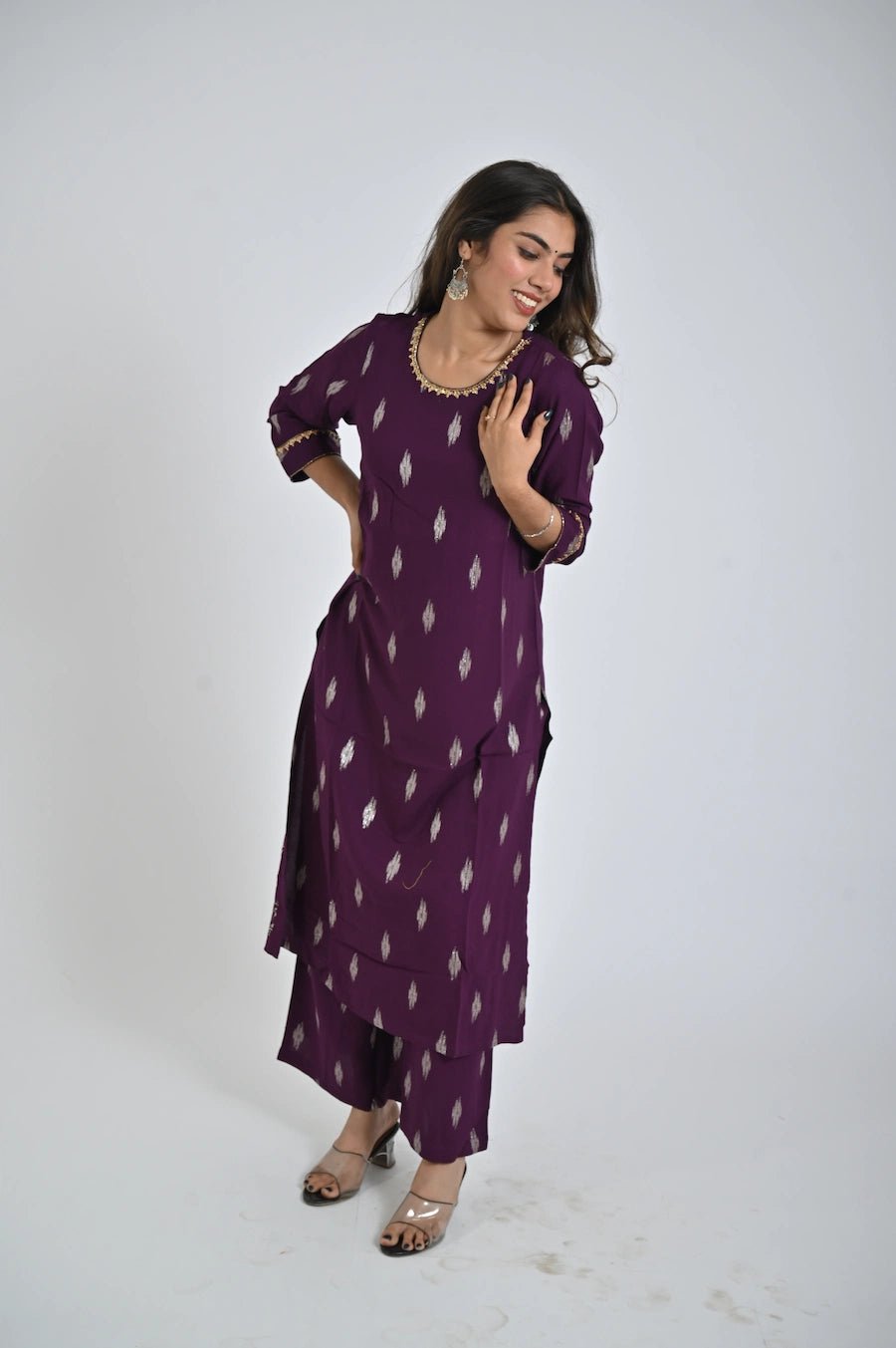 Elegant Purple Kurta with Printed Pants for Ladies - The Bebla