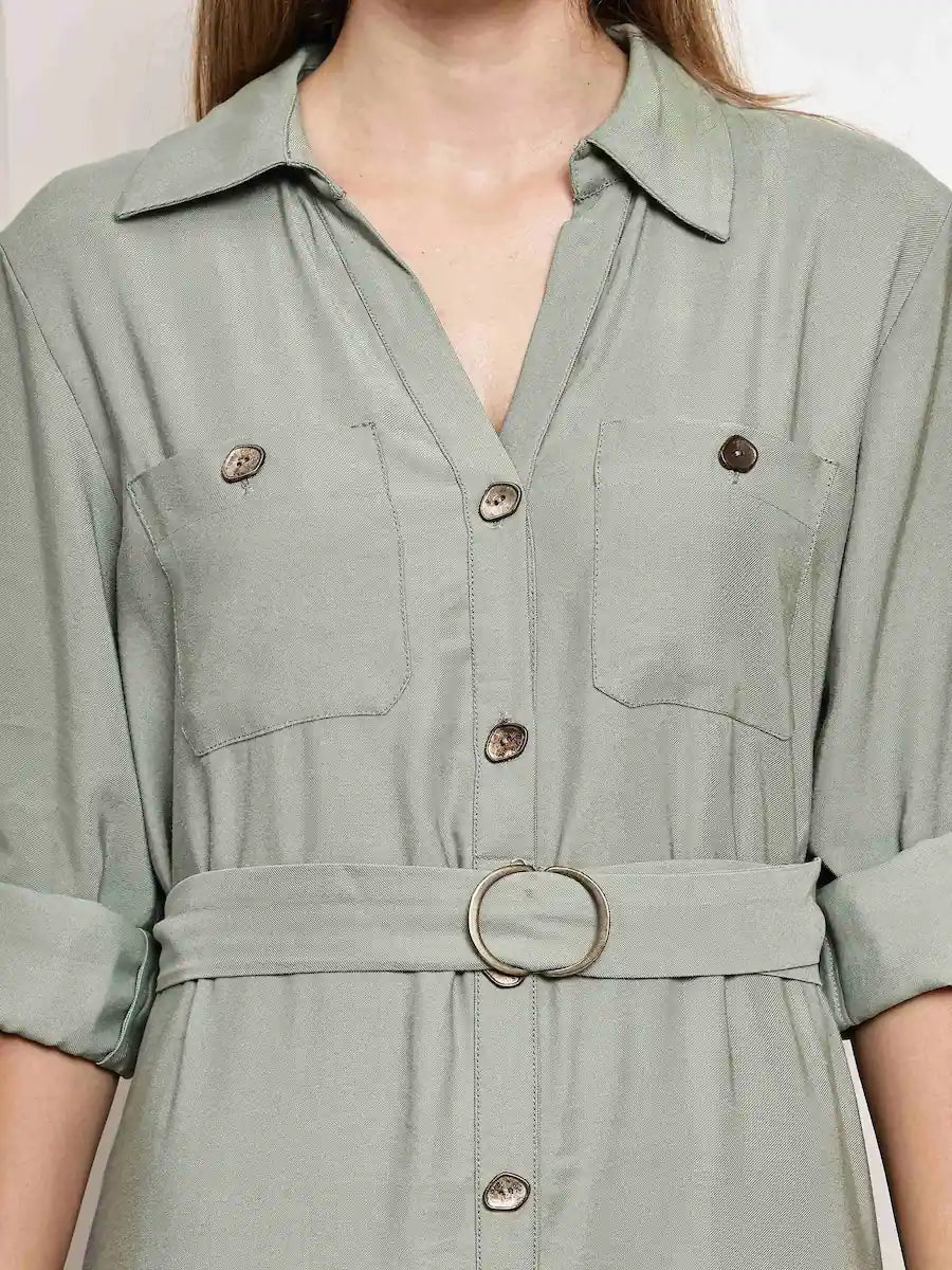 Elegant Sage Green Button - Down Belted Midi Shirt Dress for Women - The Bebla